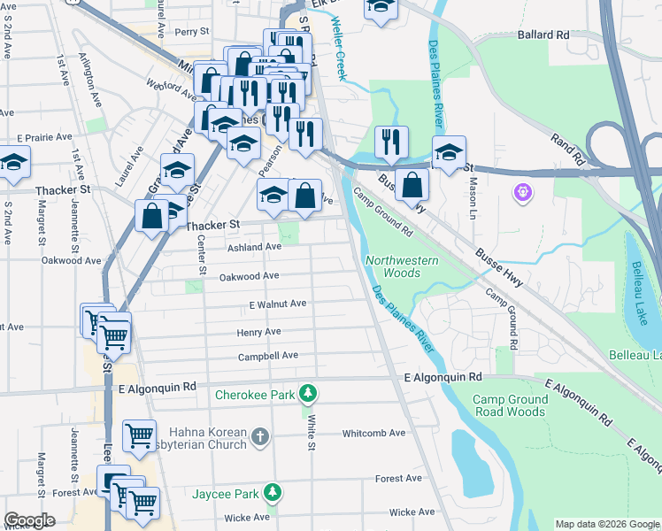 map of restaurants, bars, coffee shops, grocery stores, and more near 1649 Ashland Avenue in Des Plaines