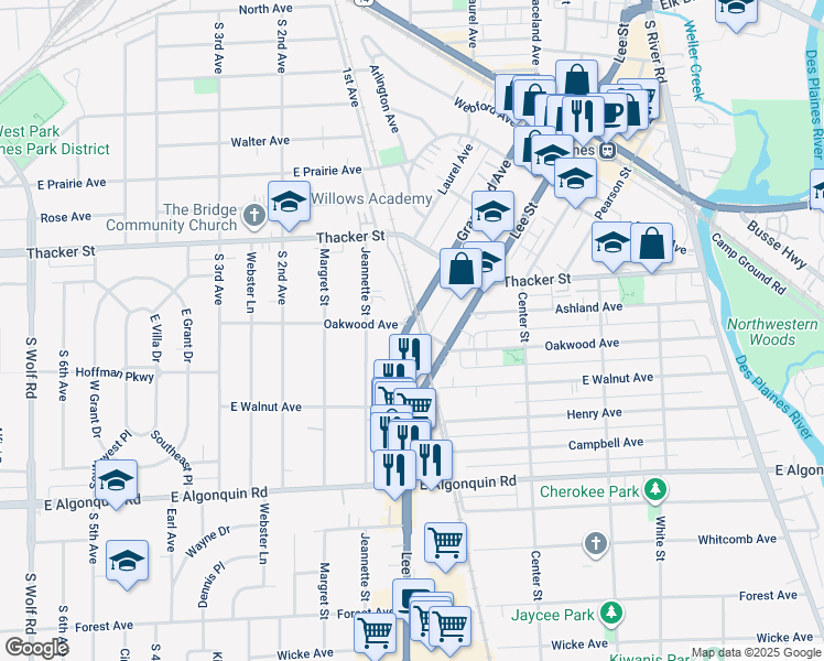 map of restaurants, bars, coffee shops, grocery stores, and more near in Des Plaines