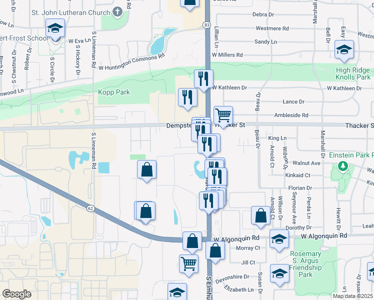 map of restaurants, bars, coffee shops, grocery stores, and more near 321 Hawthorne Circle in Mount Prospect