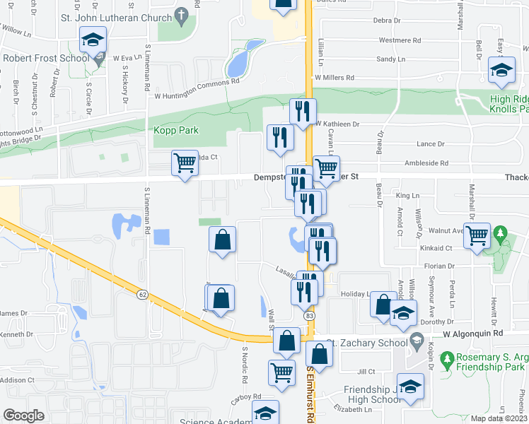 map of restaurants, bars, coffee shops, grocery stores, and more near 343 Hawthorne Circle in Mount Prospect
