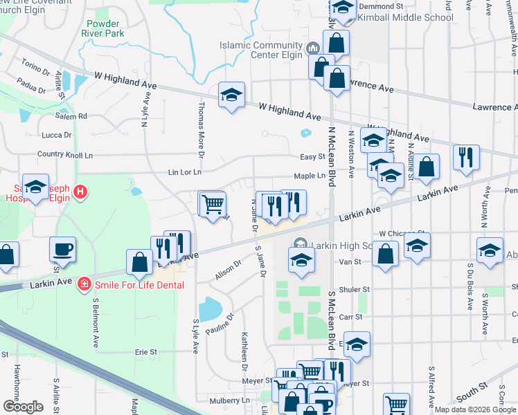 map of restaurants, bars, coffee shops, grocery stores, and more near 50 North Jane Drive in Elgin