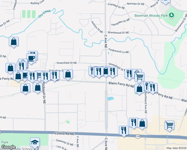map of restaurants, bars, coffee shops, grocery stores, and more near 5728 Golden Court Northeast in Cedar Rapids