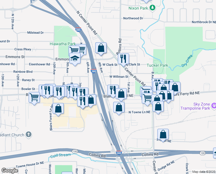 map of restaurants, bars, coffee shops, grocery stores, and more near 200-298 4th Avenue in Hiawatha