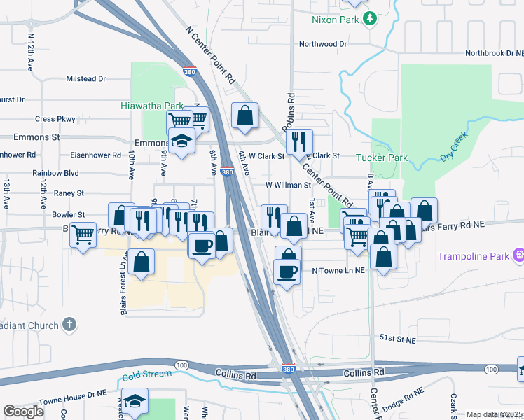 map of restaurants, bars, coffee shops, grocery stores, and more near 200-298 4th Avenue in Hiawatha