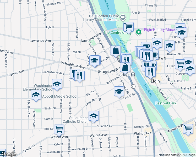 map of restaurants, bars, coffee shops, grocery stores, and more near 24 Lynch Street in Elgin