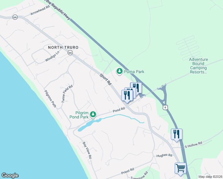 map of restaurants, bars, coffee shops, grocery stores, and more near 72 Shore Rd in Truro