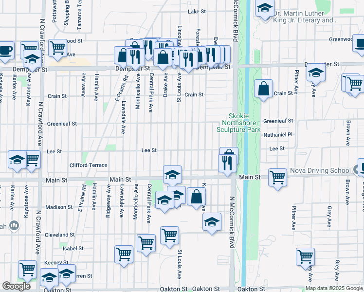 map of restaurants, bars, coffee shops, grocery stores, and more near 8507 North Saint Louis Avenue in Skokie