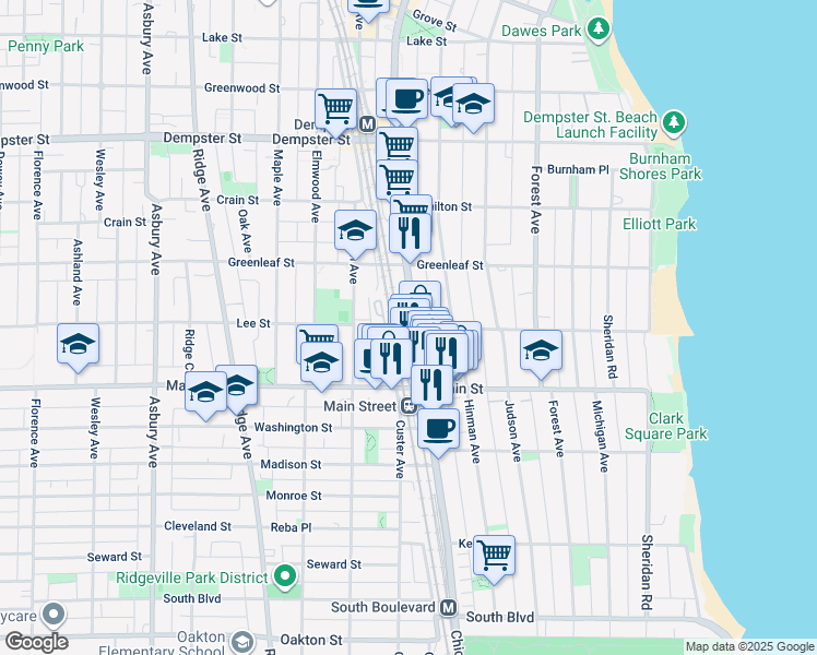 map of restaurants, bars, coffee shops, grocery stores, and more near 1001 Chicago Avenue in Evanston