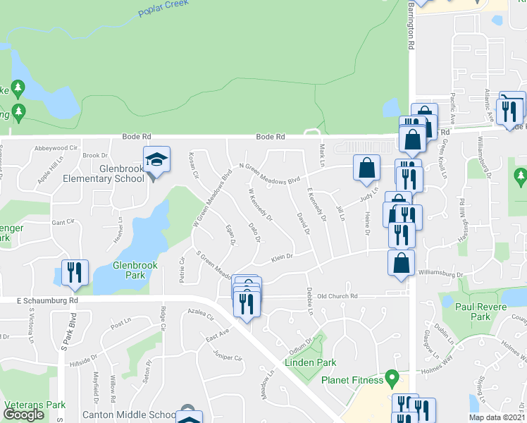 map of restaurants, bars, coffee shops, grocery stores, and more near 213 West Kennedy Drive in Streamwood