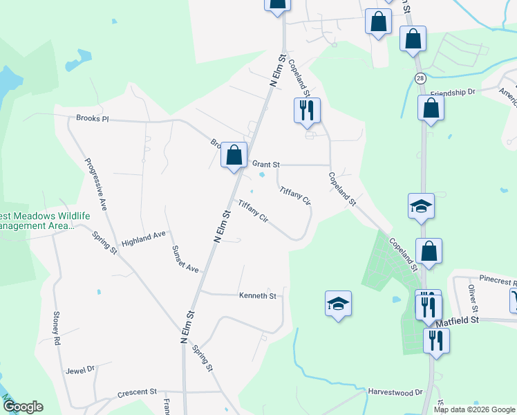 map of restaurants, bars, coffee shops, grocery stores, and more near 6 Tiffany Circle in West Bridgewater