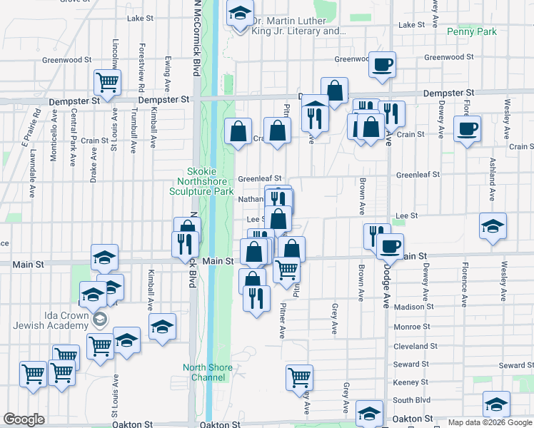 map of restaurants, bars, coffee shops, grocery stores, and more near 2321 Lee Street in Evanston
