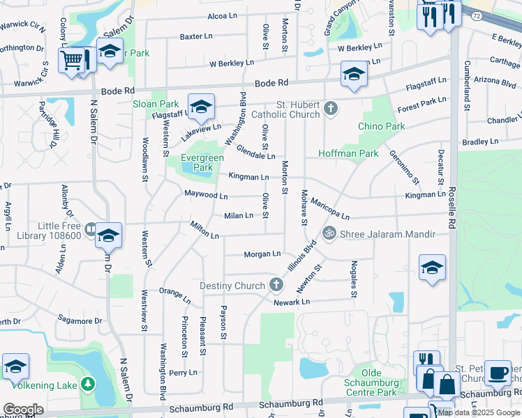 map of restaurants, bars, coffee shops, grocery stores, and more near 515 Maywood Lane in Hoffman Estates