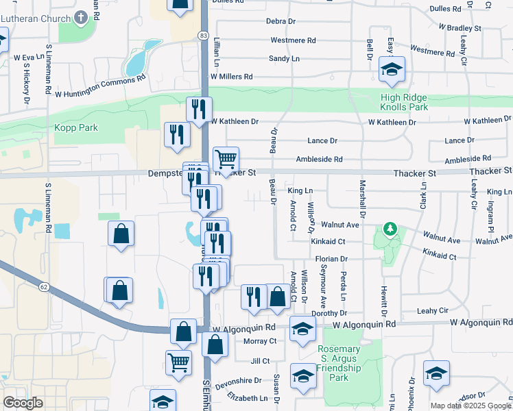 map of restaurants, bars, coffee shops, grocery stores, and more near 681 Beau Court in Des Plaines