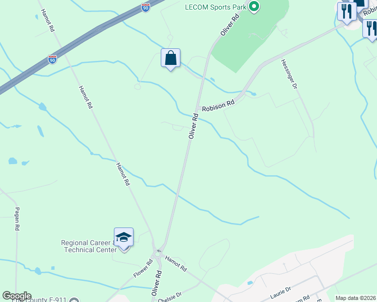 map of restaurants, bars, coffee shops, grocery stores, and more near 8355 Oliver Road in Erie