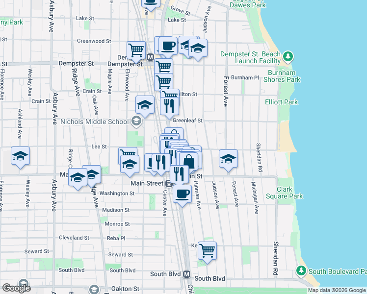 map of restaurants, bars, coffee shops, grocery stores, and more near 1003 Hinman Avenue in Evanston