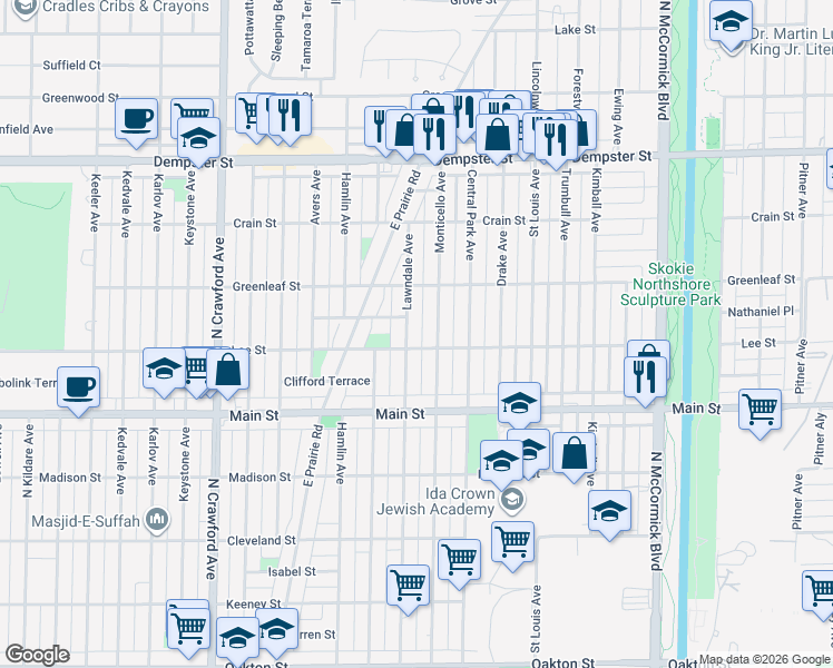 map of restaurants, bars, coffee shops, grocery stores, and more near 8520 Monticello Avenue in Skokie