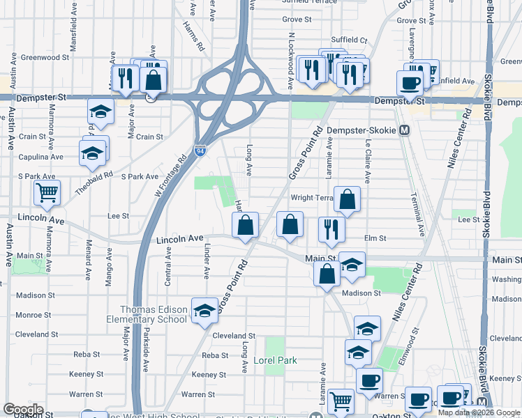 map of restaurants, bars, coffee shops, grocery stores, and more near 8518 Gross Point Road in Skokie