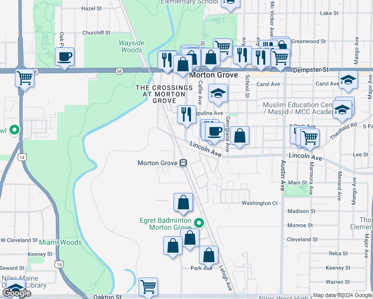 map of restaurants, bars, coffee shops, grocery stores, and more near 6315 Lincoln Avenue in Morton Grove