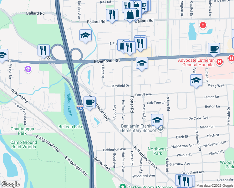 map of restaurants, bars, coffee shops, grocery stores, and more near 1606 Good Avenue in Park Ridge