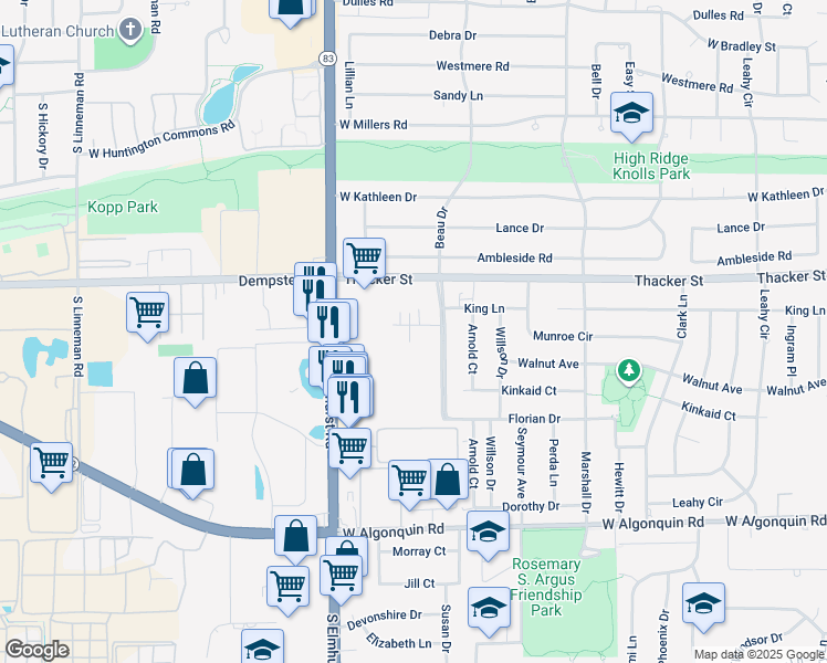 map of restaurants, bars, coffee shops, grocery stores, and more near 681 Beau Court in Des Plaines