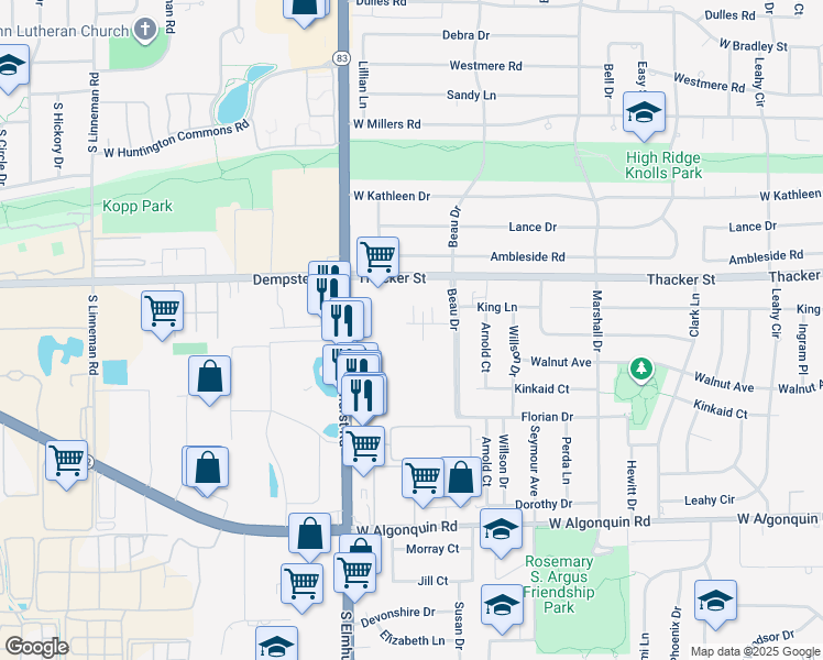 map of restaurants, bars, coffee shops, grocery stores, and more near 681 Beau Court in Des Plaines