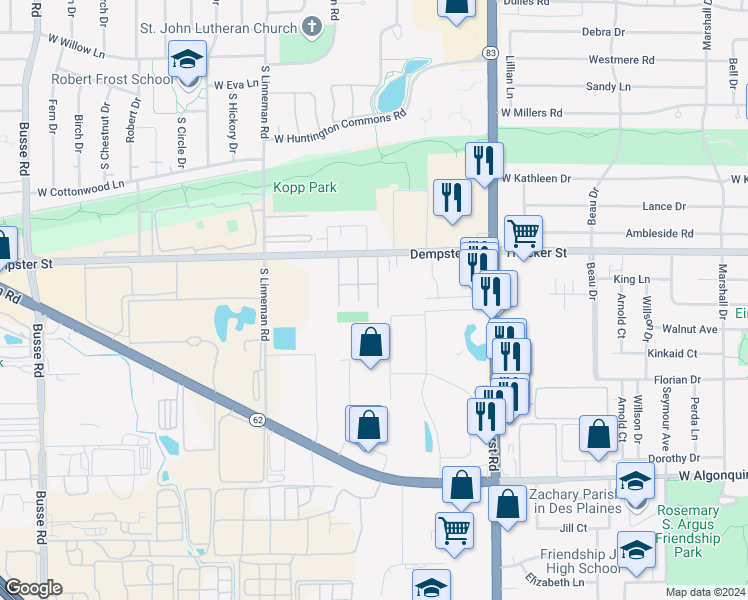 map of restaurants, bars, coffee shops, grocery stores, and more near 557 Dempster Street in Mount Prospect