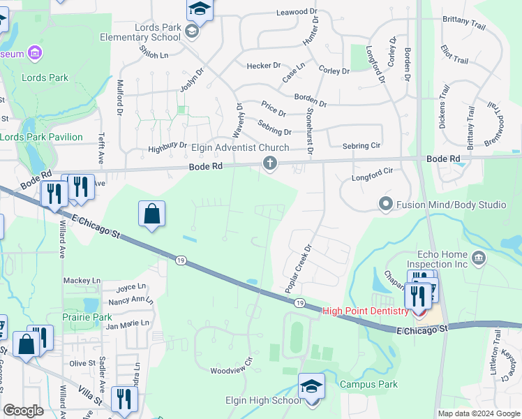 map of restaurants, bars, coffee shops, grocery stores, and more near 1123 Ash Drive in Elgin