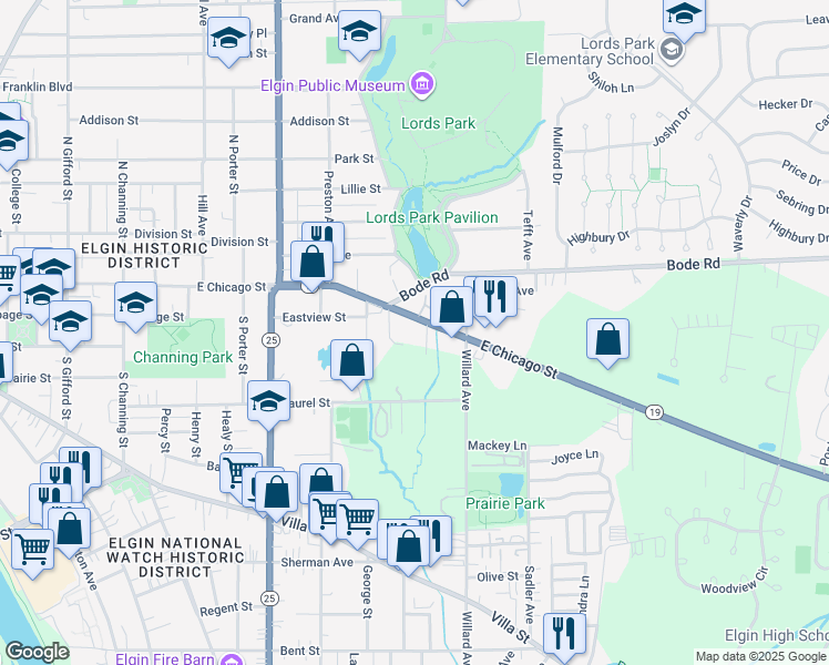 map of restaurants, bars, coffee shops, grocery stores, and more near 705 East Chicago Street in Elgin