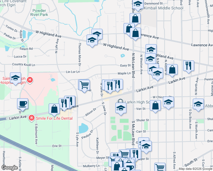 map of restaurants, bars, coffee shops, grocery stores, and more near in Elgin