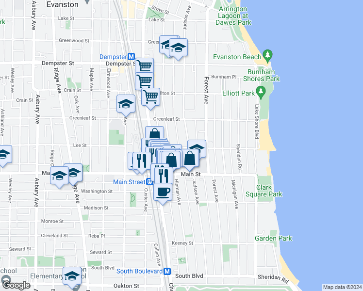 map of restaurants, bars, coffee shops, grocery stores, and more near 419 Lee Street in Evanston