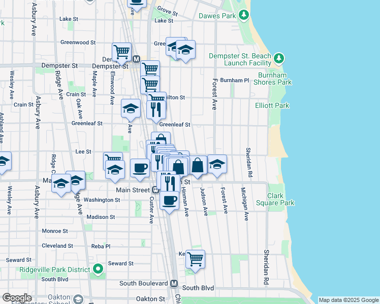 map of restaurants, bars, coffee shops, grocery stores, and more near 417 Lee Street in Evanston