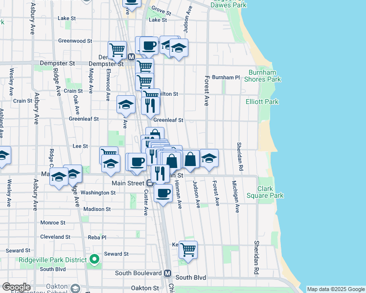 map of restaurants, bars, coffee shops, grocery stores, and more near 417 Lee Street in Evanston