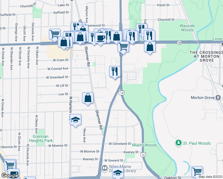 map of restaurants, bars, coffee shops, grocery stores, and more near 8521 North National Avenue in Niles