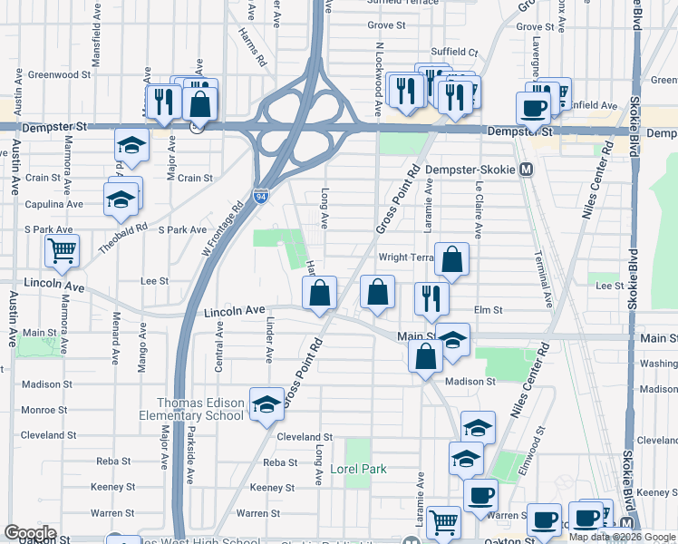 map of restaurants, bars, coffee shops, grocery stores, and more near 8518 Gross Point Road in Skokie