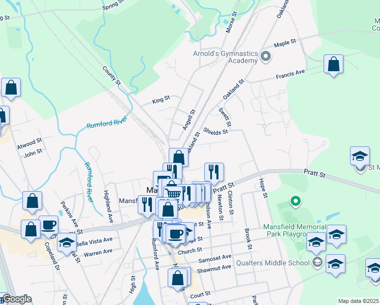 map of restaurants, bars, coffee shops, grocery stores, and more near 29 Oakland Street in Mansfield