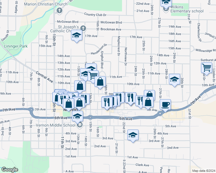 map of restaurants, bars, coffee shops, grocery stores, and more near 975 18th Street in Marion
