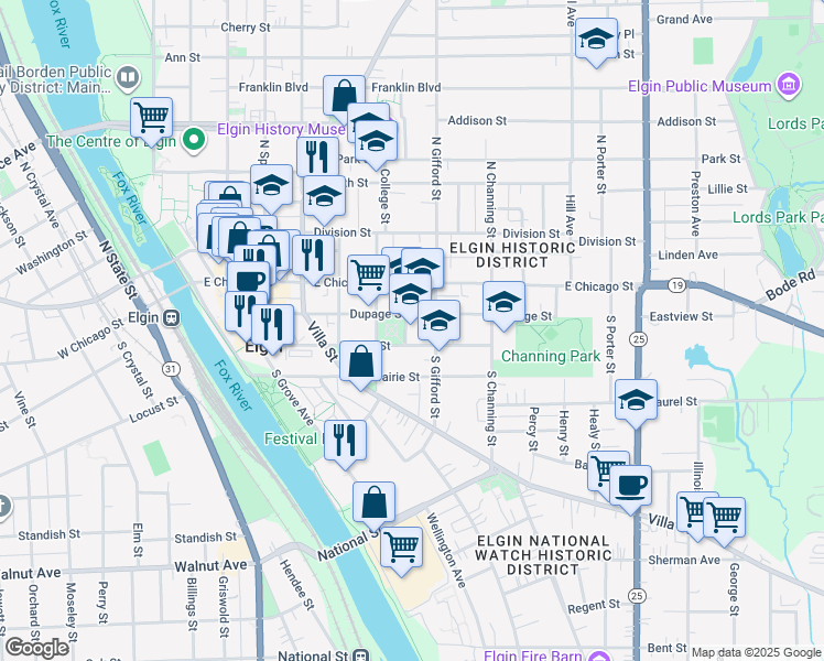 map of restaurants, bars, coffee shops, grocery stores, and more near 59 Park Row in Elgin