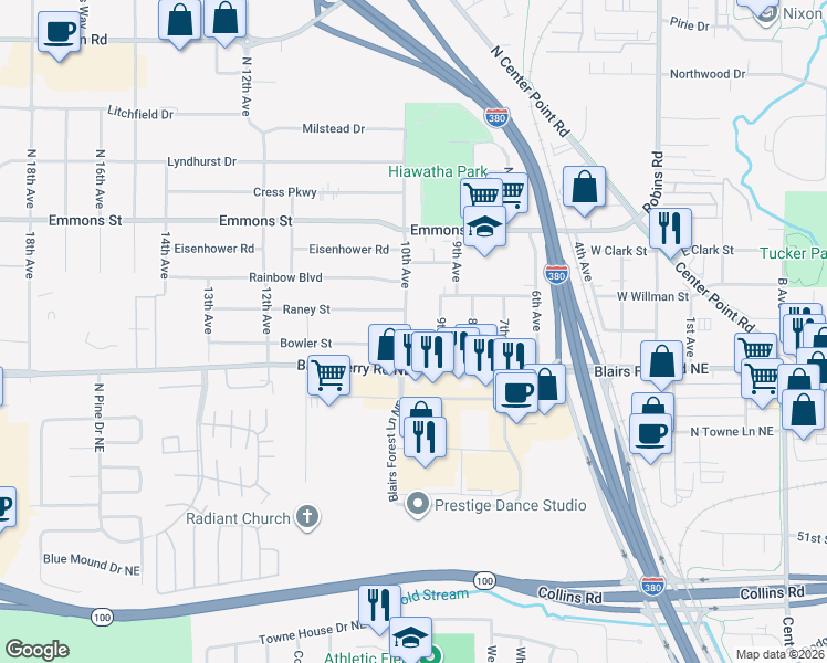 map of restaurants, bars, coffee shops, grocery stores, and more near 902 Heefner Street in Hiawatha
