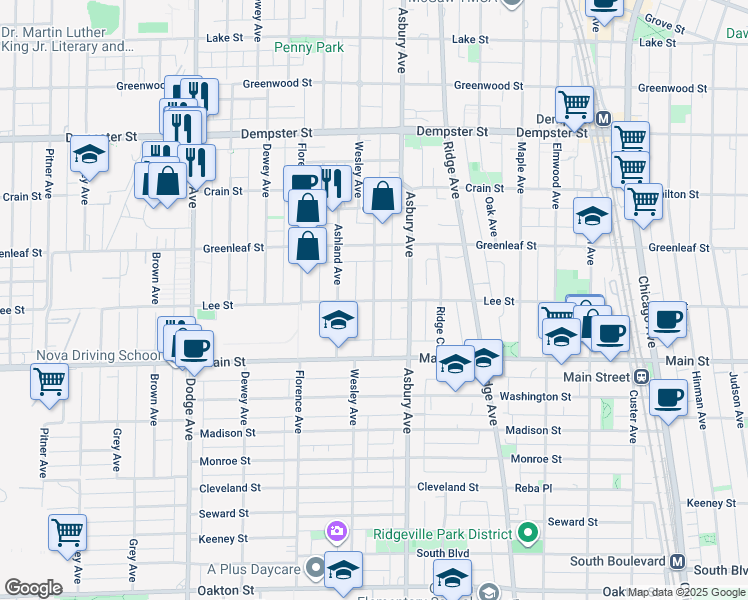 map of restaurants, bars, coffee shops, grocery stores, and more near Lee Street in Evanston