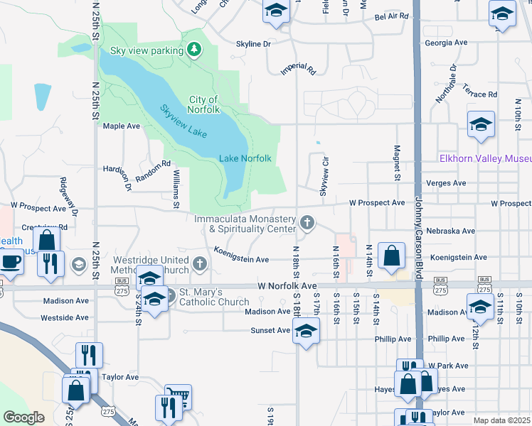 map of restaurants, bars, coffee shops, grocery stores, and more near 1911 West Prospect Avenue in Norfolk