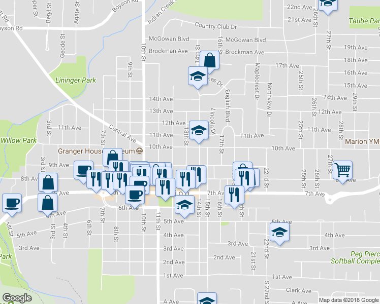 map of restaurants, bars, coffee shops, grocery stores, and more near 963 13th Street in Marion