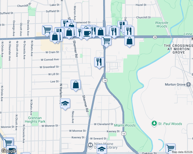 map of restaurants, bars, coffee shops, grocery stores, and more near 8504 Waukegan Road in Morton Grove