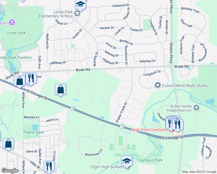 map of restaurants, bars, coffee shops, grocery stores, and more near 1123 Ash Drive in Elgin