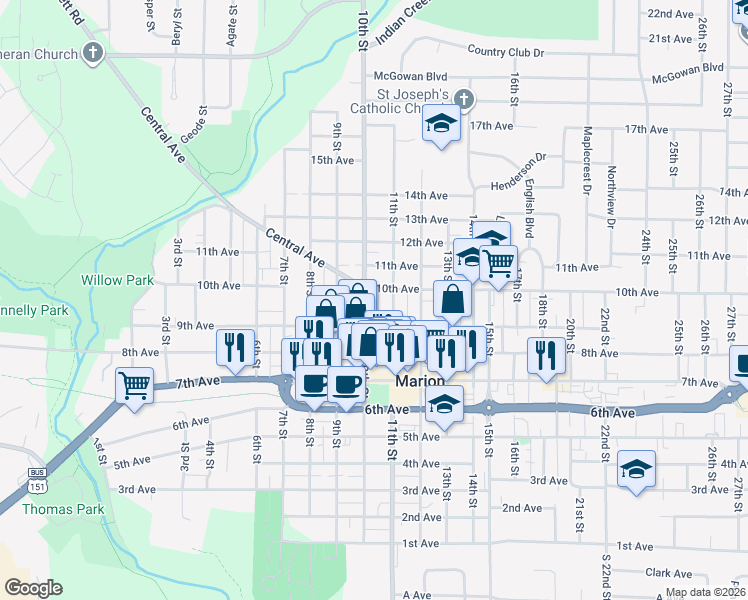 map of restaurants, bars, coffee shops, grocery stores, and more near 989 10th Street in Marion