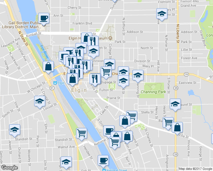 map of restaurants, bars, coffee shops, grocery stores, and more near 60 South Chapel Street in Elgin