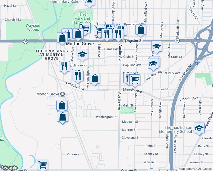 map of restaurants, bars, coffee shops, grocery stores, and more near 8504 Morton Avenue in Morton Grove