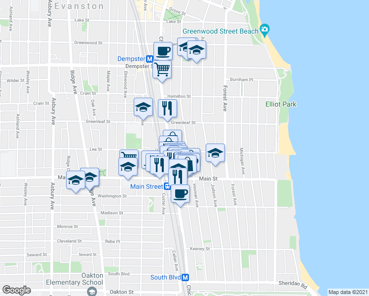 map of restaurants, bars, coffee shops, grocery stores, and more near 1003 Hinman Avenue in Evanston