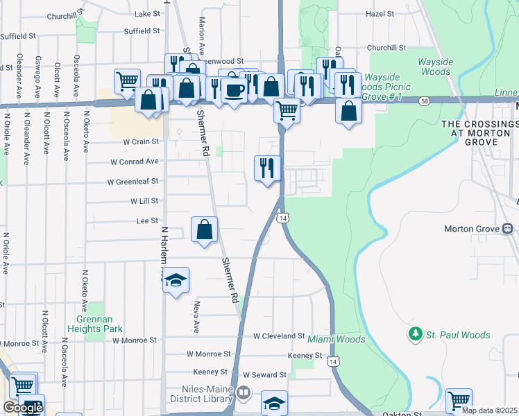 map of restaurants, bars, coffee shops, grocery stores, and more near 8521 North National Avenue in Niles