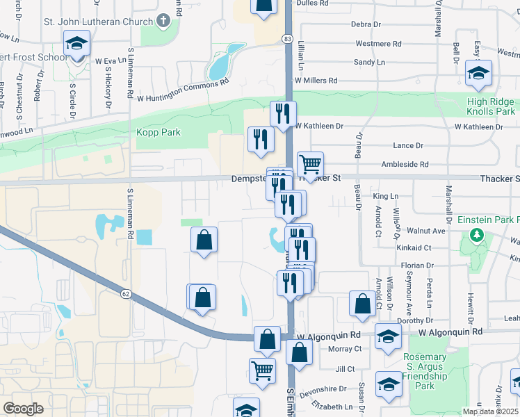 map of restaurants, bars, coffee shops, grocery stores, and more near 321 Hawthorne Circle in Mount Prospect