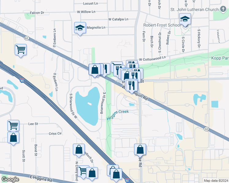 map of restaurants, bars, coffee shops, grocery stores, and more near 1759 West Algonquin Road in Mount Prospect